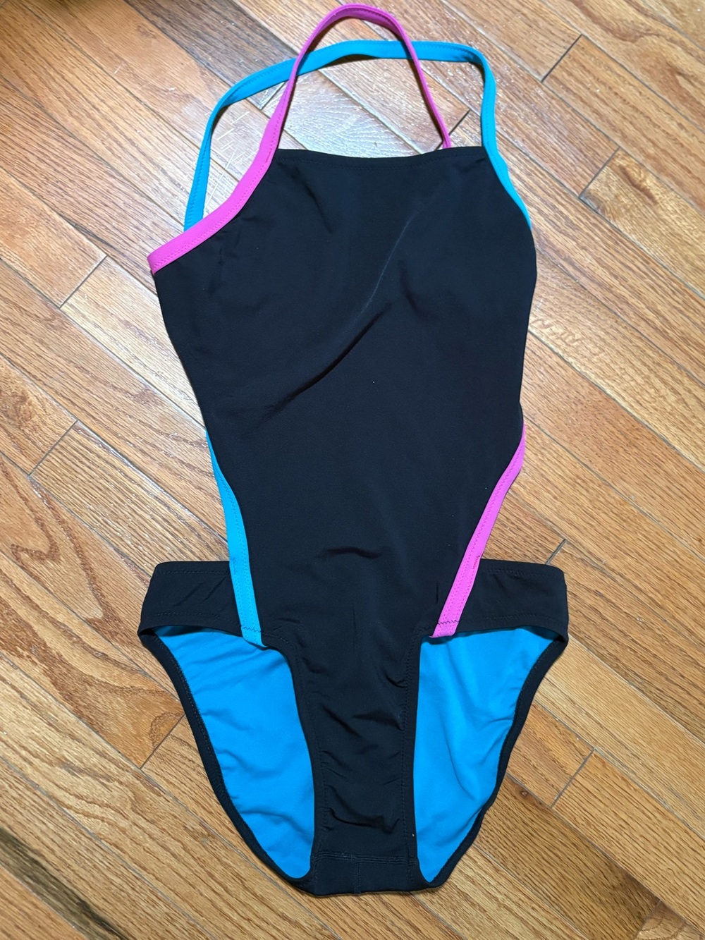 Speedo Vee 2 Color Block swimsuit in black with pink and blue